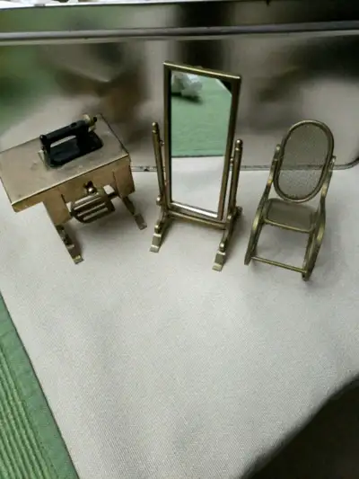 Vintage Metal Dollhouse Miniature Standing Swivel Victorian Mirror Rocking Chair and Sewing Machine...