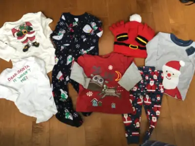 SIZE 12 MONTH CHRISTMAS HOLIDAY WEAR SANTA HAT FLEECE SHIRTS SET, View more