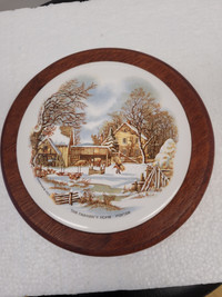 Vintage Framed Currier & Ives Round Ceramic Trivet