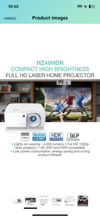 Optoma HZ40HDR Compact Long Throw Laser Home Theater and Gaming 