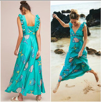 Anthropologie green blue silk maxi dress size 4. Regular price $
