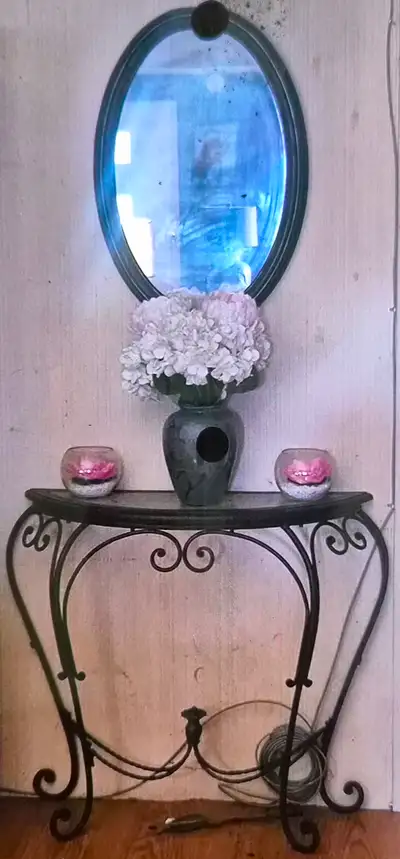 Wrought iron half moon  hall table and matching mirror, View more