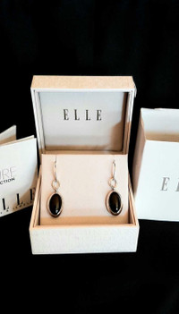 "ELLE"/Sterling Silver/Black Agate (Black Onyx) Earrings, New 