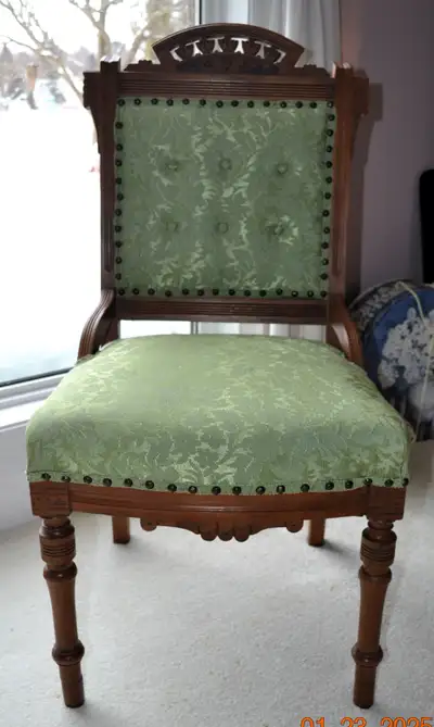 Vintage EASTLAKE Occasional Chair;Walnut Frame w Green Fabric-VG, View more