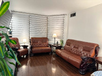6 seater sofa- Leather seats and intricate wooden work.