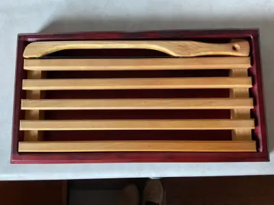 Fiddle Bow Bread knife and Crumb Tray, 15.5 inches x 8.5 inches x 1.75 inches. Cuts bread in uniform...