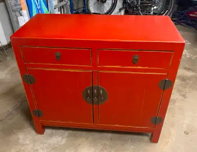 Solid Wood Asian Provincial Red Lacquer Cabinet, View more