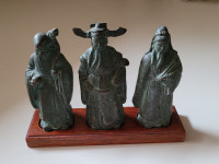 Vintage Set of 3 Chinese Bronze Wise Men Figures with Wood Base