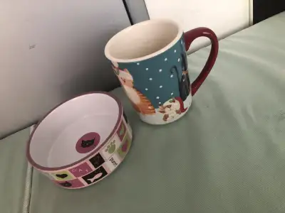 Cat Stoneware Hand-Painted Crafted 10 oz Mug & 5” Cat Bowl, View more