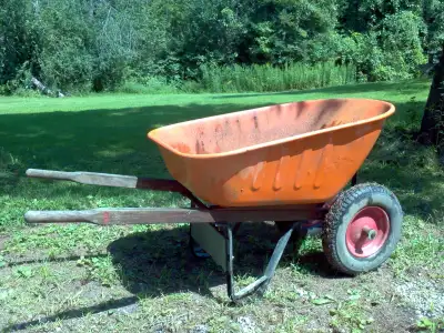 Dual wheel, heavy duty steel wheelbarrow. Tires great, View more