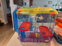 Two hamster habitats and assorted accessory tubes