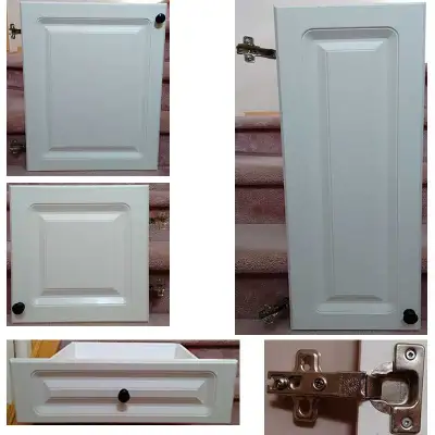 Cabinet doors, drawer fronts, shelves, hinges, knobs. White Wood, View more