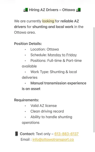 Hiring AZ drivers in Ottawa , View more