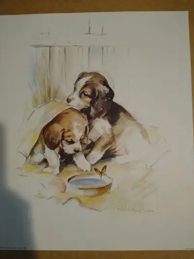 Vintage puppies art print, View more
