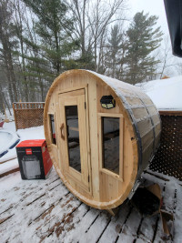 Compact 2 Person Barrel Sauna Features HARVIA Electrical Stove!