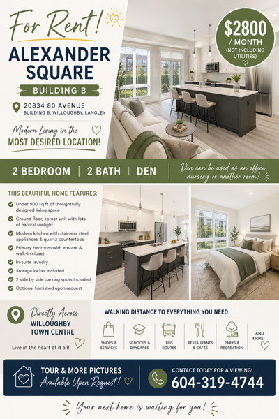 2 bed 2 bath and den (can be an office or another room) corner unit ground floor option to have unit...