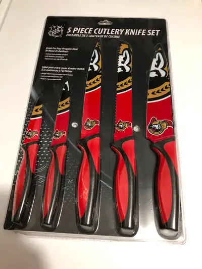 This is an Ottawa Senators 5 piece cutlery knife set with stainless steel blades..