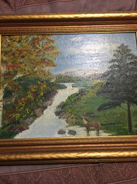 Antique oil painting with deer