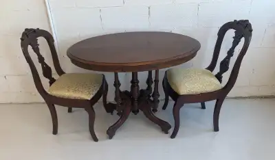 A rare set of antique Victorian parlor oval table + 2 chairs, re, View more