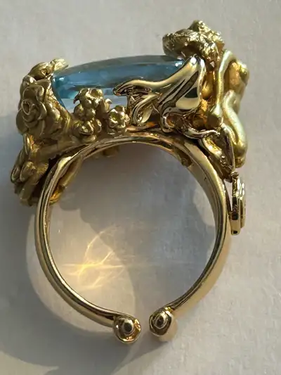 Vintage Custom Made Art Nouveau Style Ring with a Quality 9 Carat Cushion Cut Aquamarine. Ring has a...