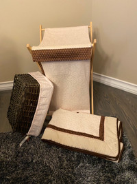 Crib quilt, hamper and wicker basket set