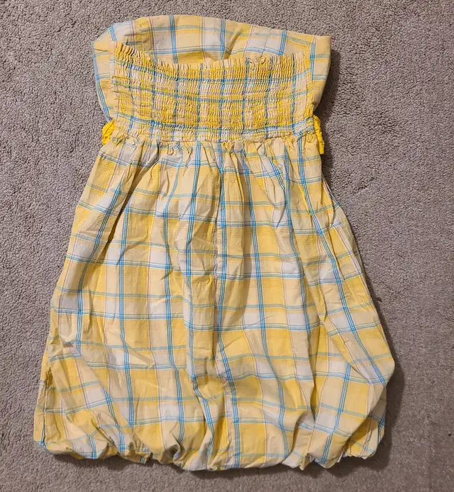 (Size S) Yellow Blue Plaid Bow Tube Top Sleeveless Women's Dress