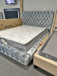 Grey Tufted Bed With Optional Mattresses.