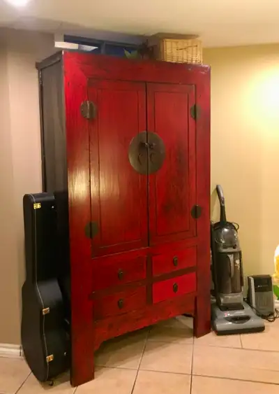 Solid Wood Asian Armoire / Wardrobe – Red Lacquer Cabinet, View more