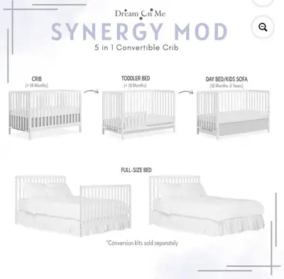 This is a used Dream On Me Synergy Mod 5-in-1 convertible crib in new condition , perfect for adapti...
