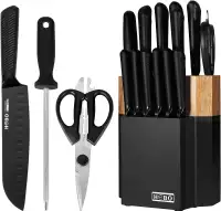 NEW HOBO 15 Pcs Matte Black Kitchen Knife Set with Wooden Block