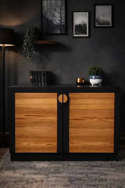 Modern raw wood and black TV stand or storage cabinet, View more