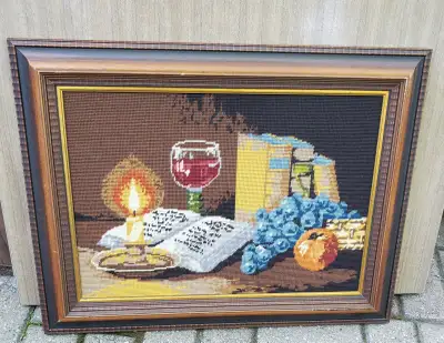 Vintage 1970s Framed Wine & Candle Needlepoint, View more