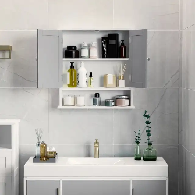 Wall-Mounted Bathroom Mirror Cabinet with Double Doors, Open She in Bookcases & Shelving Units in Markham / York Region - Image 4