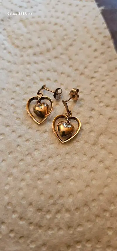10k double heart dangle earrings, View more