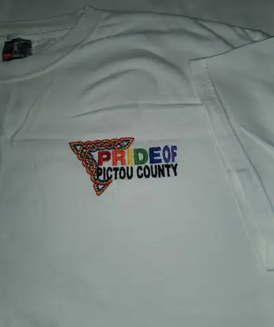 White Unisex T-Shirt Nova Scotia Canada Pride of Pictou County Rainbow Gay Pride LGBTQ+ Size XL GAY...