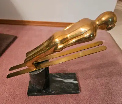 Vintage Brass and Marble Skier Statue, View more