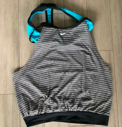 Grey / Black / White Strip Halter Top Size. L Build in Bra-Turquoise & Black