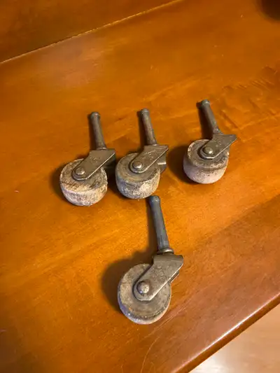 4 Large Vintage Wood Wheel and Metal Casters Furniture Wheels. These have a great patina, and they a...