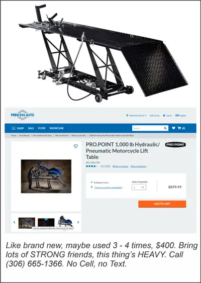 Like brand new, used 3 - 4 times just to see if it could lift my Can Am Spyder. Worked just fine. Sp...