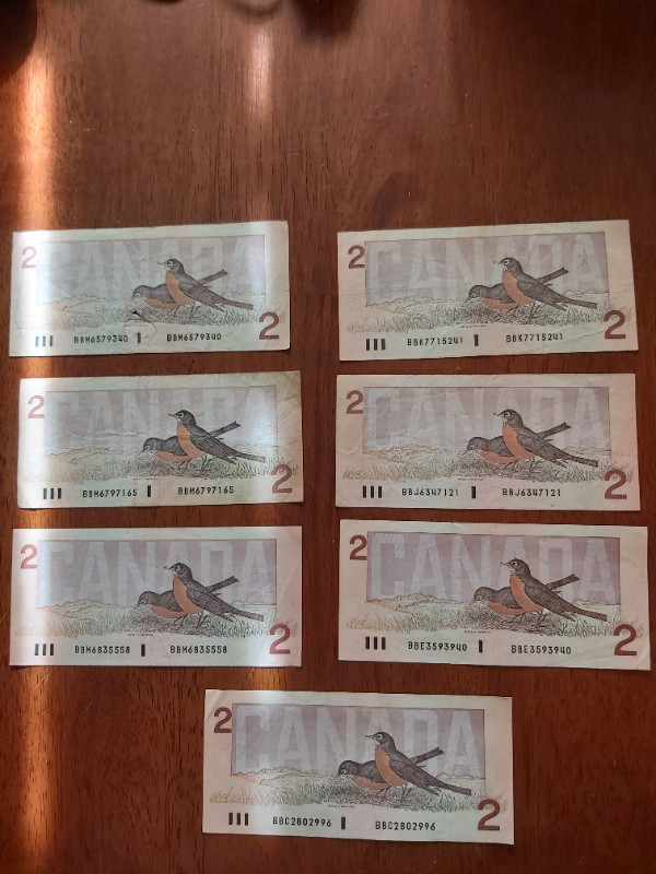 Set of 7 B of C 1986 $2 Bills Thiessen Crow Large B's Small B's in Arts & Collectibles in Saint John
