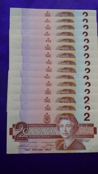 SÉRIE 15 BILLETS CONSÉCUTIFS DE $2.00 CANADIEN 1986 NEUF Monnaie