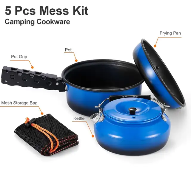 New 5pcs Camping Cookware Mess Kit with Removable Handle/Blue in BBQs & Outdoor Cooking in Calgary - Image 9