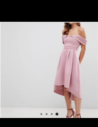 ASOS Design Bardot, Blush Off The Shoulder, dip back, midi dress