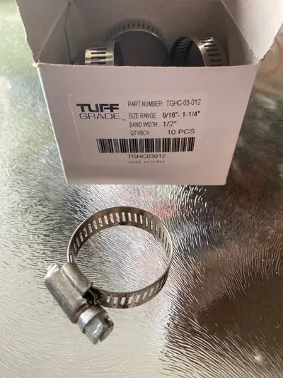 I'm offering a new box of Tuff Grade hose clamps, size range 9/16" - 1-1/4", with a band width of 1/...