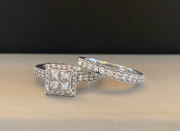 14K White Gold Engagement Ring and Wedding Band Set