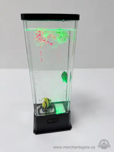 LED jellyfish aquarium lamp with floating jellyfish and fish figures. Unit powers on and cycles thro...