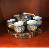 Porcelain Chinese Tea Set with Bambo Serving Tray