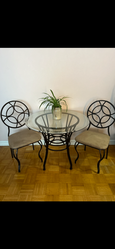 Glass round table with 2 chairs, View more
