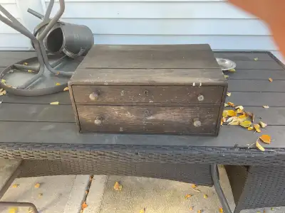Antique tool chest with assorted old tools, View more