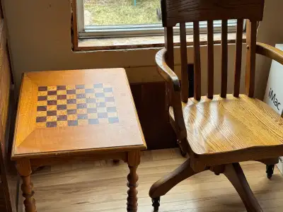 Vintage Wooden Chess Table and Swivel Chair Set, View more